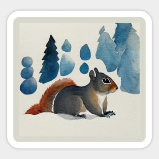 Squirrel in snow with Winter Pine Trees, Outdoors Winter Vibes, Sticker